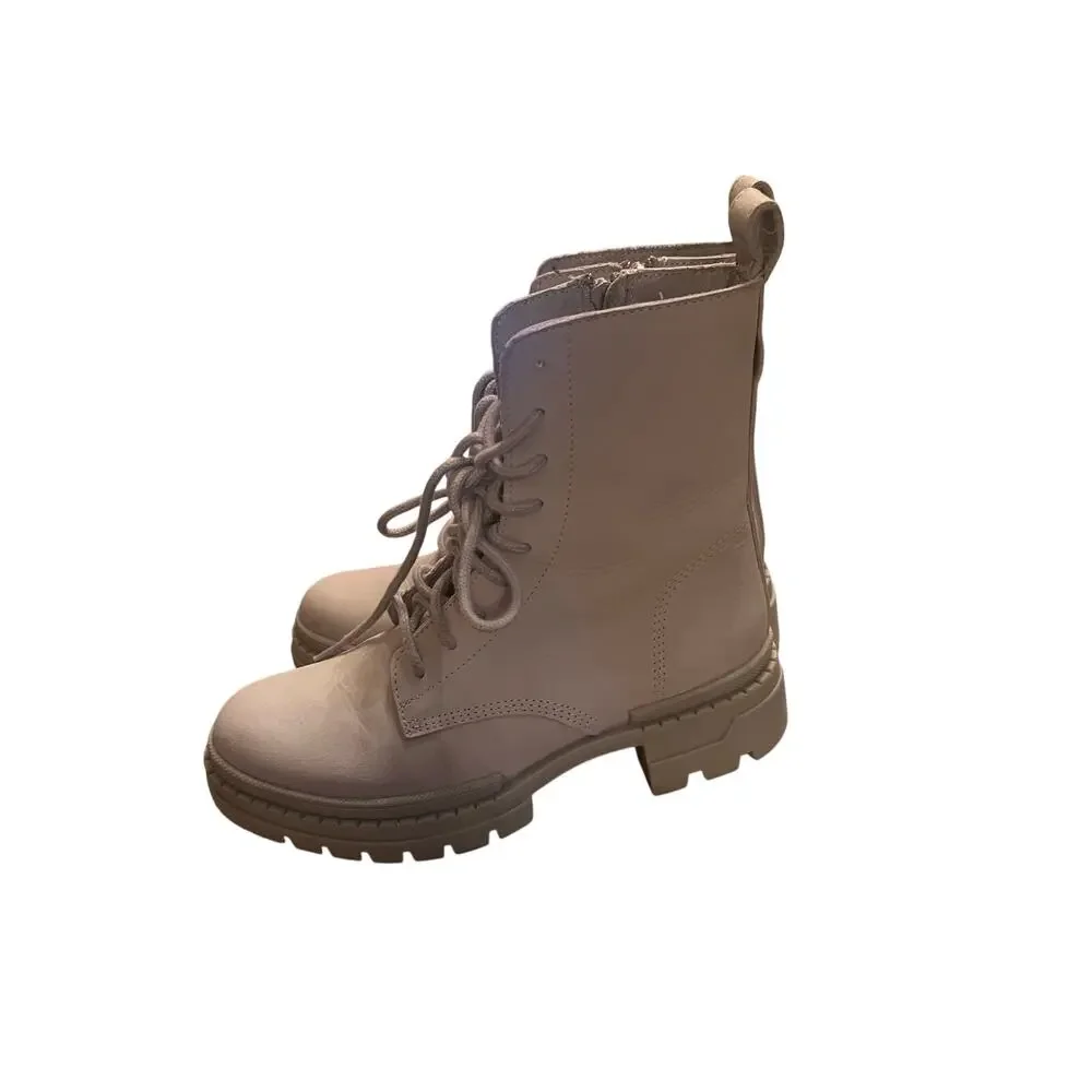 Steve Madden Woman's 7.5 Light Gray Jamisyn Leather Combat Lace Up Lug Boots